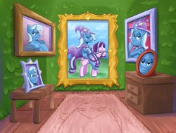 Size: 2153x1629 | Tagged: safe, artist:another_pony, starlight glimmer, trixie, pony, unicorn, g4, bit, bridle, bust, dresser, female, mare, narcissism, picture frame, ponies riding ponies, portrait, pranks a lot, reins, riding, rug, spongebob squarepants, table, tack, trixie riding starlight glimmer