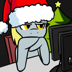 Size: 600x600 | Tagged: safe, artist:shinmera, edit, derpy hooves, pegasus, pony, g4, christmas, christmas tree, computer, female, hat, holiday, mare, reaction image, santa hat, solo, tree