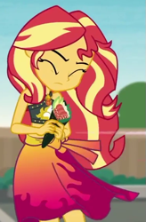 Size: 379x578 | Tagged: safe, screencap, sunset shimmer, equestria girls, g4, my little pony equestria girls: better together, x marks the spot, cropped, eyes closed, food, geode of empathy, magical geodes, sarong, sleeveless, solo, sushi