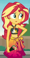 Size: 322x621 | Tagged: safe, screencap, sunset shimmer, equestria girls, g4, my little pony equestria girls: better together, x marks the spot, belly button, bikini, clothes, confused, cropped, food, geode of empathy, magical geodes, midriff, sarong, sleeveless, solo, sushi, swimsuit