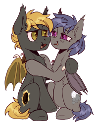 Size: 1584x1997 | Tagged: safe, artist:kotya, oc, oc:night skies, oc:solar flux, bat pony, 2021 community collab, derpibooru community collaboration, bat pony oc, bat wings, female, fluffy, full body, hug, looking at each other, male, simple background, smiling, transparent background, wings
