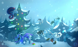 Size: 3400x2041 | Tagged: safe, artist:gottinderwolf, oc, pegasus, pony, unicorn, bendy, bendy and the ink machine, christmas, christmas tree, crossover, cuphead, cuphead (character), high res, holiday, pegasus oc, snow, tree, wings