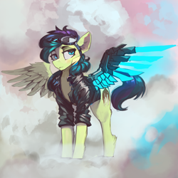 Size: 4000x4000 | Tagged: source needed, safe, artist:nsilverdraws, oc, oc only, oc:adroga, pegasus, pony, amputee, artificial wings, augmented, clothes, female, jacket, leather jacket, prosthetic limb, prosthetic wing, prosthetics, solo, wings