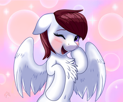 Size: 3600x3000 | Tagged: safe, artist:firehearttheinferno, oc, oc only, oc:aviatrix, oc:avie, pegasus, pony, fallout equestria, fallout equestria: burdens, abstract background, anime, anime sparkles, anime style, bashful, belly button, blushing, bubble, chest fluff, commission, cute, digital art, eyelashes, fallout, female, floppy ears, happy, high res, hooves, looking at someone, looking at you, mare, maroon mane, one eye closed, open mouth, pink, purple, purple eyes, romance, shine, shy, smiling, smiling at you, solo, sparkle, sparkles, spread wings, watermark, white coat, wings, wink, winking at you