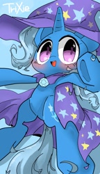 Size: 1080x1880 | Tagged: safe, artist:pnpn_721, trixie, pony, unicorn, g4, blue background, blushing, cute, diatrixes, female, mare, open mouth, simple background, solo