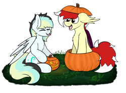 Size: 2888x2122 | Tagged: safe, artist:aaathebap, oc, oc only, oc:aaaaaaaaaaa, oc:swifty breeze, bat pony, pegasus, pony, bat pony oc, bat wings, duo, duo male and female, feathered wings, female, grass, halloween, high res, holiday, jack-o-lantern, male, mare, pegasus oc, pegasus wings, pumpkin, silly, simple background, stallion, straight, tongue out, transparent background, wings