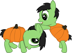 Size: 1186x879 | Tagged: safe, artist:craftycirclepony, oc, oc only, oc:filly anon, baby, bent over, bipedal, clothes, costume, cute, duo, ear fluff, female, filly, floppy ears, happy, looking up, nightmare night, open mouth, pumpkin, raised leg, simple background, smiling, transparent background