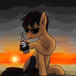 Size: 1000x1000 | Tagged: safe, artist:skydreams, oc, oc only, oc:charger, pony, unicorn, fallout equestria, alcohol, amputee, cigarette, claws, cloud, commission, fallout equestria: radio static, male, molotov cocktail, prosthetic leg, prosthetic limb, prosthetics, stallion, sunset, vodka