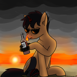 Size: 1000x1000 | Tagged: safe, alternate version, artist:skydreams, oc, oc only, oc:charger, pony, unicorn, fallout equestria, alcohol, amputee, cigarette, claws, cloud, commission, fallout equestria: radio static, fire, male, molotov cocktail, prosthetic leg, prosthetic limb, prosthetics, stallion, sunset, vodka