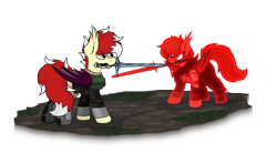 Size: 3861x2137 | Tagged: safe, artist:aaathebap, oc, oc only, oc:aaaaaaaaaaa, oc:pumpkin spice, bat pony, pony, armor, bat pony oc, dark souls, dark souls 3, duel, duo, fight, grass, high res, male, male oc, pony oc, simple background, stallion, stallion oc, sword, sword fight, transparent background, weapon