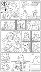 Size: 1000x1750 | Tagged: safe, artist:redruin01, rainbow dash, oc, oc:anon, human, pegasus, pony, bench, blushing, clothes, comic, cuddling, cute, cutie mark, dashabetes, dialogue, female, hearth's warming, holding a pony, lying down, male, outdoors, sitting, sitting on lap, speech bubble, tsunderainbow, tsundere, wings