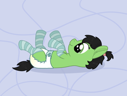 Size: 2000x1500 | Tagged: safe, alternate version, artist:cleverround, oc, oc only, oc:filly anon, pony, abstract background, chest fluff, clothes, cute, diaper, diaper fetish, ear fluff, female, fetish, filly, hair tie, happy, legs in air, lying down, on back, smiling, socks, solo, striped socks, urine, wet diaper