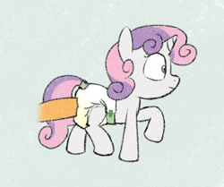 Size: 924x773 | Tagged: safe, artist:cleverround, scootaloo, sweetie belle, pony, unicorn, g4, blushing, butt touch, cute, diaper, diaper check, diaper fetish, duo, female, fetish, filly, hoof on butt, implied scootaloo, offscreen character, raised leg, shrunken pupils, simple background, sketch, smiling, squish, surprised, urine, walking, wet diaper, wide eyes