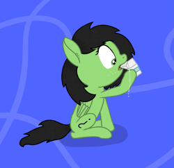 Size: 1331x1291 | Tagged: safe, artist:craftycirclepony, oc, oc only, oc:filly anon, pegasus, pony, abstract background, cute, drinking, dripping, ear fluff, female, filly, freckles, hoof hold, leaking, milk, milk carton, open mouth, raised leg, sitting, solo, surprised