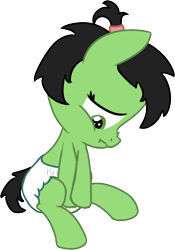Size: 672x961 | Tagged: safe, artist:cleverround, oc, oc only, oc:filly anon, pony, accident, baby, desperation, diaper, female, filly, frown, hair tie, lidded eyes, looking down, need to pee, omorashi, peeing in diaper, pissing, potty emergency, potty time, scrunchy face, simple background, sitting, solo, transparent background, urine, wet diaper