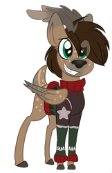 Size: 692x1067 | Tagged: artist needed, safe, oc, oc only, oc:paper trail, deer, deer pony, original species, peryton, reindeer, 2021 community collab, derpibooru community collaboration, christmas sweater, clothes, reindeerified, simple background, species swap, sweater, transparent background
