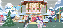 Size: 2500x1102 | Tagged: safe, artist:rapmlpandbttffan23, rarity, rumble, sweetie belle, thunderlane, g4, female, male, ponyville town hall, ship:rarilane, ship:rumbelle, shipping, snow, snowfall, straight