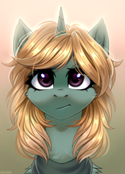 Size: 2900x4000 | Tagged: safe, artist:hakaina, oc, oc only, oc:easy peasy, pony, unicorn, fallout equestria, bust, commission, female, foe adventures, portrait, simple background, synth, ych result