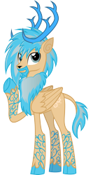 Size: 2296x4325 | Tagged: safe, artist:lightning stripe, derpibooru exclusive, oc, oc only, oc:ori wisp, deer, deer pony, eikerren, original species, 2021 community collab, derpibooru community collaboration, antlers, beard, blue mane, body markings, cloven hooves, commission, cutie mark, facial hair, flourishes, leonine tail, male, neck fluff, raised hoof, show accurate, simple background, smiling, solo, stallion, transparent background, two toned mane, vector, wings