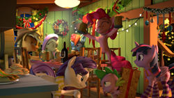 Size: 3840x2160 | Tagged: safe, artist:apimiku, artist:expee, applejack, fluttershy, pinkie pie, rainbow dash, rarity, spike, twilight sparkle, alicorn, pony, g4, 3d, bottle, burger, carrot, carrot dog, christmas, cider mug, clothes, contest entry, female, fluttershy's cottage, food, glass, hay burger, hearth's warming, hearth's warming eve, high res, holiday, hoof hold, male, mane seven, mane six, mug, poster, present, scarf, ship:sparity, shipping, socks, source filmmaker, straight, striped socks, twilight sparkle (alicorn), wholesome, wine bottle, wine glass