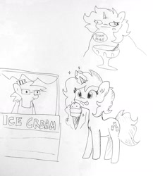 Size: 1417x1633 | Tagged: safe, artist:tjpones, oc, oc:fizzy pop, oc:tjpones, earth pony, pony, unicorn, fat, female, food, grayscale, ice cream, male, mare, monochrome, pencil drawing, sketch, stallion, tongue out, traditional art