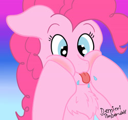 Size: 3500x3300 | Tagged: safe, alternate version, artist:demitri, pinkie pie, earth pony, pony, g4, blushing, chest fluff, cross-eyed, cute, daaaaaaaaaaaw, diapinkes, gradient background, high res, raspberry noise, redraw, signature, solo, squishy cheeks, tongue out, wingding eyes