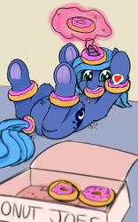 Size: 479x770 | Tagged: safe, artist:firenhooves, princess luna, alicorn, pony, g4, cute, donut, eating, featureless crotch, female, filly, food, frog (hoof), hooves, lunabetes, lying down, magic, mouth hold, on back, palindrome get, silly, silly pony, smiling, solo, telekinesis, underhoof, woona, younger