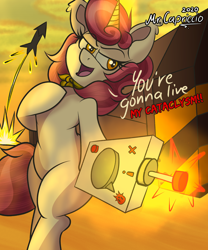 Size: 3000x3600 | Tagged: safe, artist:php190, oc, oc only, oc:dolce spiaro, pony, unicorn, action pose, controller, danger, dialogue, explosion, female, high res, looking at you, rocket, sexy, solo, spy, talking to viewer