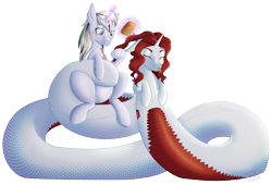Size: 2977x2023 | Tagged: source needed, safe, artist:cha-squared, oc, oc only, oc:ruby scales, oc:yiazmat, lamia, original species, pony, unicorn, brushie, female, high res, horn, male, simple background, transparent background, unicorn oc