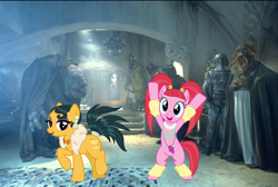 Size: 2960x1988 | Tagged: safe, artist:cheezedoodle96, edit, edited screencap, screencap, vector edit, cleopatra jazz, pacific glow, earth pony, pony, dungeons and discords, g4, the saddle row review, .svg available, bipedal, boba fett, cute, dancing, ear piercing, earring, eyeshadow, feather boa, female, fur scarf, glowbetes, han solo, jabba's palace, jewelry, leg warmers, lidded eyes, looking at you, makeup, mare, necklace, pacifier, piercing, pigtails, quarren, raised hoof, real life background, smiling, star wars, star wars: return of the jedi, tail wrap, vector