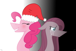 Size: 2309x1544 | Tagged: safe, artist:darbypop1, pinkie pie, earth pony, pony, g4, christmas, crying, duality, hat, holiday, pinkamena diane pie, santa hat