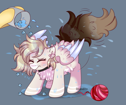 Size: 3580x2978 | Tagged: safe, artist:2pandita, oc, pegasus, pony, chest fluff, choker, female, high res, ice bucket challenge, mare, offscreen character, simple background, solo focus, water droplet, yarn, yarn ball