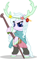 Size: 1280x2000 | Tagged: safe, artist:mlp-trailgrazer, earth pony, pony, antlers, bipedal, clothes, female, mare, simple background, solo, staff, transparent background