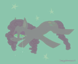 Size: 1280x1065 | Tagged: safe, artist:blanket-vu, pinkie pie, earth pony, pony, g4, crying, female, lidded eyes, mare, sad, signature, simple background, smiling, solo, starry eyes, stars, teal background, wingding eyes