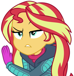 Size: 2713x2775 | Tagged: safe, artist:sketchmcreations, sunset shimmer, equestria girls, equestria girls series, g4, holidays unwrapped, spoiler:eqg series (season 2), clothes, coat, female, frown, gloves, high res, raised eyebrow, simple background, solo, transparent background, unamused, vector, winter outfit