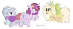 Size: 6000x2401 | Tagged: safe, artist:pink-pone, oc, oc only, oc:ataxia, oc:cosmic, oc:oracle, bat pony, pony, unicorn, female, horns, mare, simple background, transparent background