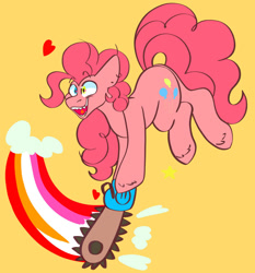 Size: 1024x1100 | Tagged: safe, artist:lunicangel, pinkie pie, earth pony, pony, cutiemarks (and the things that bind us), lesbian ponies with weapons, vylet pony, g4, blushing, chainsaw, ear piercing, earring, female, grimcute, jewelry, lesbian pride flag, lip piercing, mare, open mouth, piercing, pride, pride flag, rainbow, smiling, solo, this will end in cupcakes, this will end in death, this will end in tears, this will end in tears and/or death