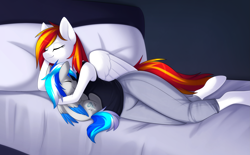 Size: 3431x2122 | Tagged: safe, artist:scarlet-spectrum, oc, oc:diamond sun, oc:hawker hurricane, pegasus, pony, anthro, unguligrade anthro, series:pet hawk, anthro with ponies, bed, clothes, colored wings, commission, duo, hawkmond, high res, holding a pony, oc x oc, pants, shipping, sleeping, snuggling, wings