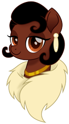 Size: 776x1400 | Tagged: safe, artist:cloudy glow, earth pony, pony, 20s, african american, bedroom eyes, black mane, bobcut, brown coat, clothes, crossover, disney, ear piercing, earring, feather boa, female, happy, jewelry, lidded eyes, looking at you, mare, movie accurate, necklace, piercing, ponified, pony form, princess tiana, sassy, simple background, smiling, smug, solo, the princess and the frog, tiana, transparent background