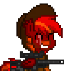 Size: 384x384 | Tagged: safe, artist:firehearttheinferno, derpibooru exclusive, oc, oc only, oc:lance longmane, pony, ashes town, fallout equestria, fallout equestria: equestria the beautiful, 16-bit, blaze (coat marking), clothes, coat markings, cowboy hat, dashite, ear fluff, ear tufts, facial markings, fallout equestria oc, folded wings, grin, gun, hat, jacket, leather hat, leather jacket, male, orange eyes, pixel art, red coat, rifle, scar, scarred, simple background, smiling, sniper, sniper rifle, solo, sprite, stallion, striped mane, striped tail, transparent background, weapon, wings
