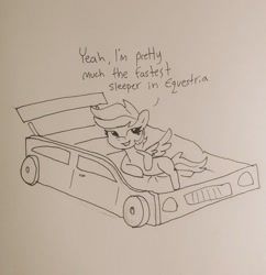 Size: 1440x1486 | Tagged: safe, artist:tjpones, rainbow dash, pegasus, pony, g4, bed, car, female, grayscale, mare, missing cutie mark, monochrome, pencil drawing, race car bed, racecar, sketch, solo, traditional art