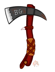 Size: 468x612 | Tagged: safe, artist:firehearttheinferno, fallout equestria, fallout equestria: equestria the beautiful, blade, cloth, concept art, concept for a fanfic, craft, engraving, handle, hatchet, item, leather, leather straps, metal, no pony, red, red wood, rust, signature, simple background, tooth, transparent background, watermark, weapon, wood