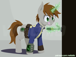 Size: 800x600 | Tagged: safe, artist:willoillo, oc, oc only, oc:littlepip, pony, unicorn, fallout equestria, bobby pin, clothes, ear fluff, eyelashes, eyes open, female, glowing horn, green eyes, horn, jumpsuit, lockpicking, magic, mare, pipbuck, screwdriver, solo, telekinesis, unicorn oc, vault suit, watermark