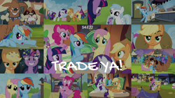 Size: 1986x1117 | Tagged: safe, edit, edited screencap, editor:quoterific, screencap, amethyst star, applejack, candy mane, cloud kicker, coco crusoe, cotton cloudy, doctor whooves, flare de mare, fluttershy, ivory, ivory rook, jeff letrotski, lyra heartstrings, minuette, pinkie pie, pokey pierce, rainbow dash, rarity, sparkler, spike, splash panel, teddie safari, time turner, twilight sparkle, alicorn, dog, orthros, pony, g4, trade ya!, book, drool, mane seven, mane six, multiple heads, train, twilight sparkle (alicorn), two heads