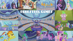 Size: 1986x1117 | Tagged: safe, edit, edited screencap, editor:quoterific, screencap, applejack, bulk biceps, fluttershy, ivory, ivory rook, pinkie pie, princess cadance, princess celestia, princess luna, rainbow dash, rarity, rubinstein, spike, spitfire, twilight sparkle, twinkleshine, alicorn, pony, equestria games (episode), g4, mane seven, mane six, sisters-in-law, spike statue, spike's statue, stadium, twilight sparkle (alicorn)