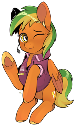 Size: 3608x5901 | Tagged: safe, artist:sugarelement, oc, oc only, oc:naviga, pegasus, pony, 911, clothes, dispatcher, female, mare, microphone, one eye closed, simple background, solo, transparent background, uniform, waving, waving at you