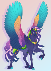 Size: 1803x2519 | Tagged: safe, artist:seffiron, oc, oc only, oc:crescent colors, alicorn, hybrid, pony, colored wings, magical lesbian spawn, multicolored wings, offspring, parent:amira, parent:twilight sparkle, parents:twimira, solo, wings