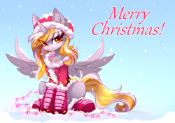 Size: 2480x1748 | Tagged: safe, artist:airiniblock, oc, oc only, alicorn, pony, alicorn oc, christmas, christmas lights, cute, holiday, horn, looking at you, not derpy, sitting, snow, solo, wings