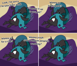 Size: 1048x900 | Tagged: safe, artist:4as, queen chrysalis, changeling, changeling queen, g4, :t, angry, animated, behaving like a dog, blushing, changeling pet, comic, cute, cutealis, dialogue, female, gif, glare, looking away, lying down, madorable, on side, pony pet, pouting, scrunchy face, solo, tail wag, text