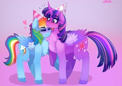Size: 3042x2160 | Tagged: safe, artist:aaa-its-spook, rainbow dash, twilight sparkle, alicorn, pegasus, pony, daring don't, g4, blushing, chest fluff, cute, duo, female, folded wings, hat, heart, high res, holding hooves, lesbian, mare, party hat, ship:twidash, shipping, signature, size difference, smiling, twilight sparkle (alicorn), wing fluff, wings